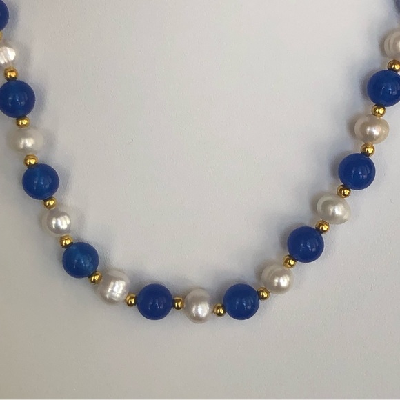 7-8mm White Freshwater Pearl & Blue Apatite Bead Necklace - Picture 3 of 6
